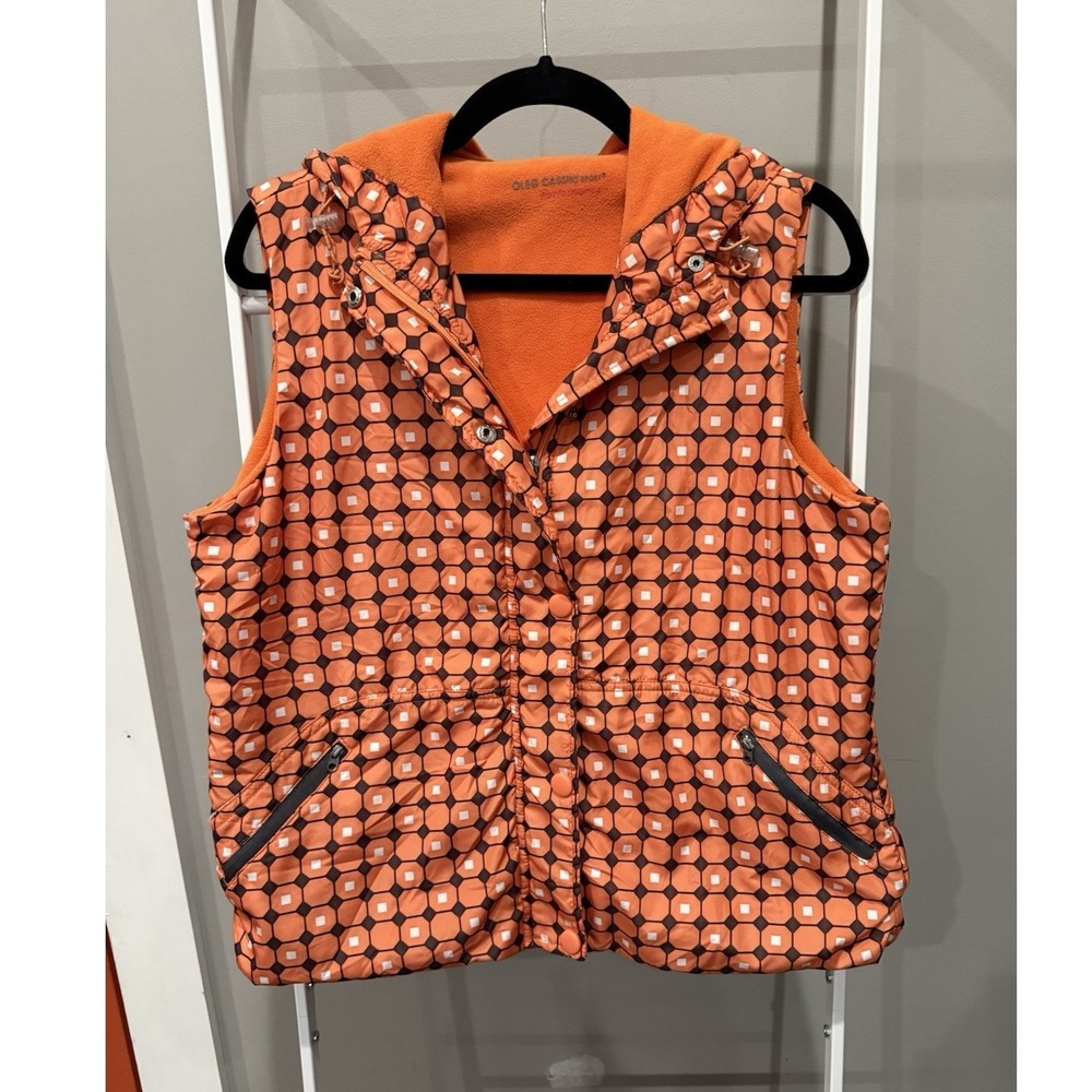 Oleg Cassini Sport Womens Hooded Geometric Puffer Vest Orange Brown White L
